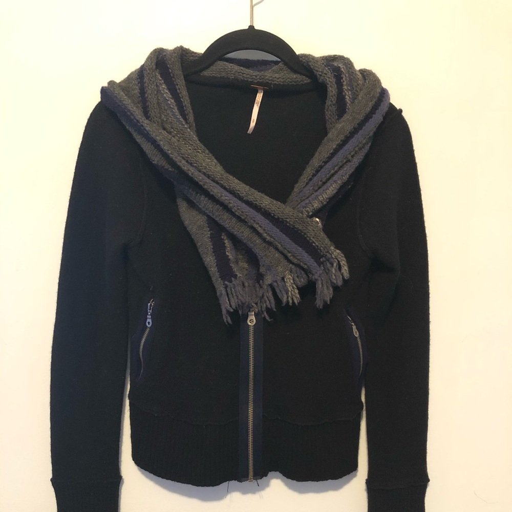 Free People Knit Moto Jacket Bomber Sweater Black Grey Blue Size Small - Picture 2 of 10